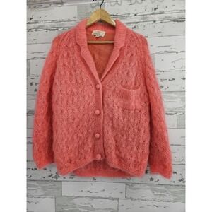 Cyn Les Vintage 60s Womens Medium Cardigan  Mohair Wool Coral Pink Knit Sweater